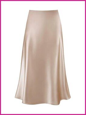 Satin A-Line Midi Skirt High Waisted Ruffle Hem Flared